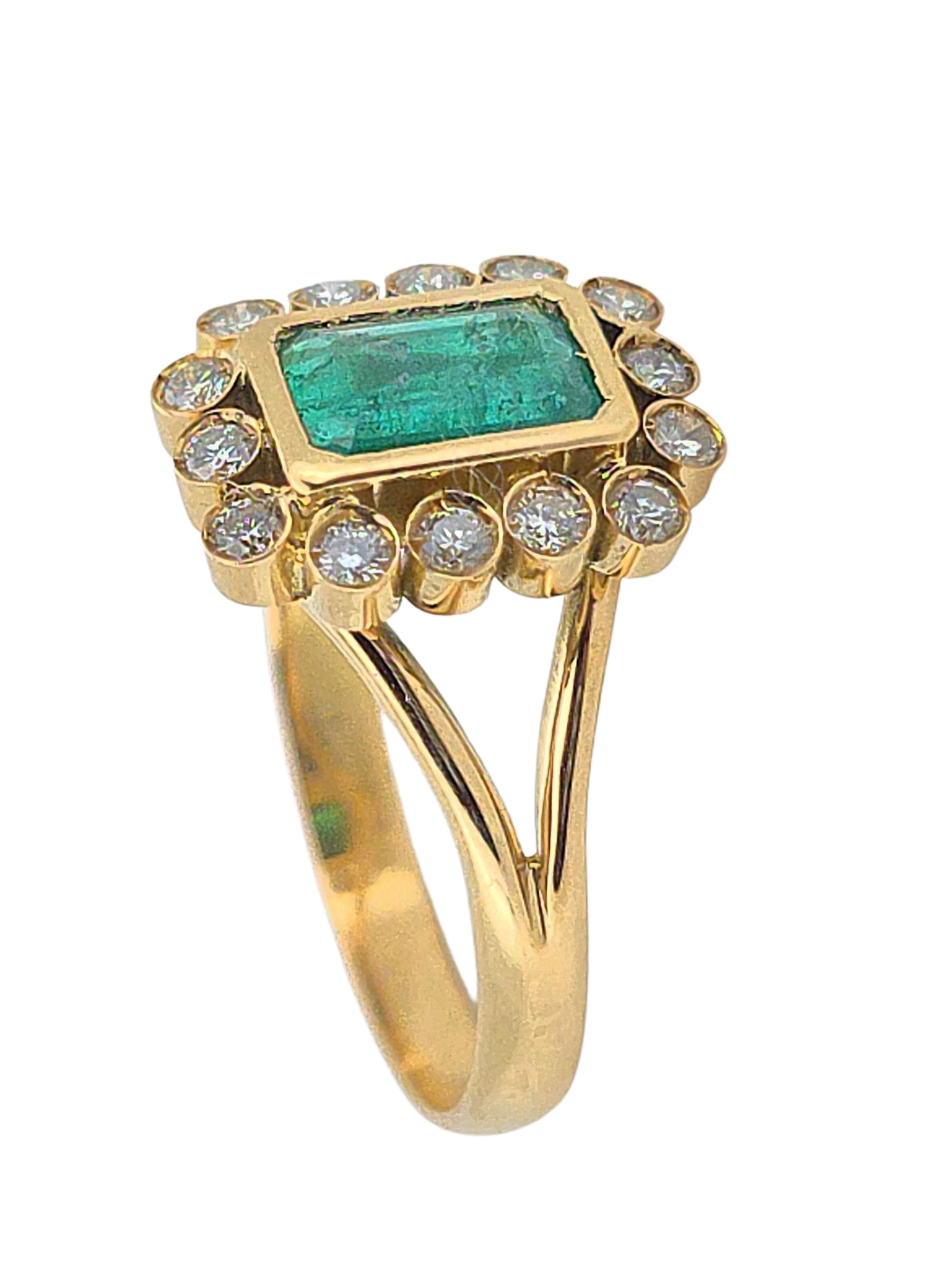 Anillo de oro amarillo 18K con Esmeralda rectangular y 14 diamantes - Imagen 4