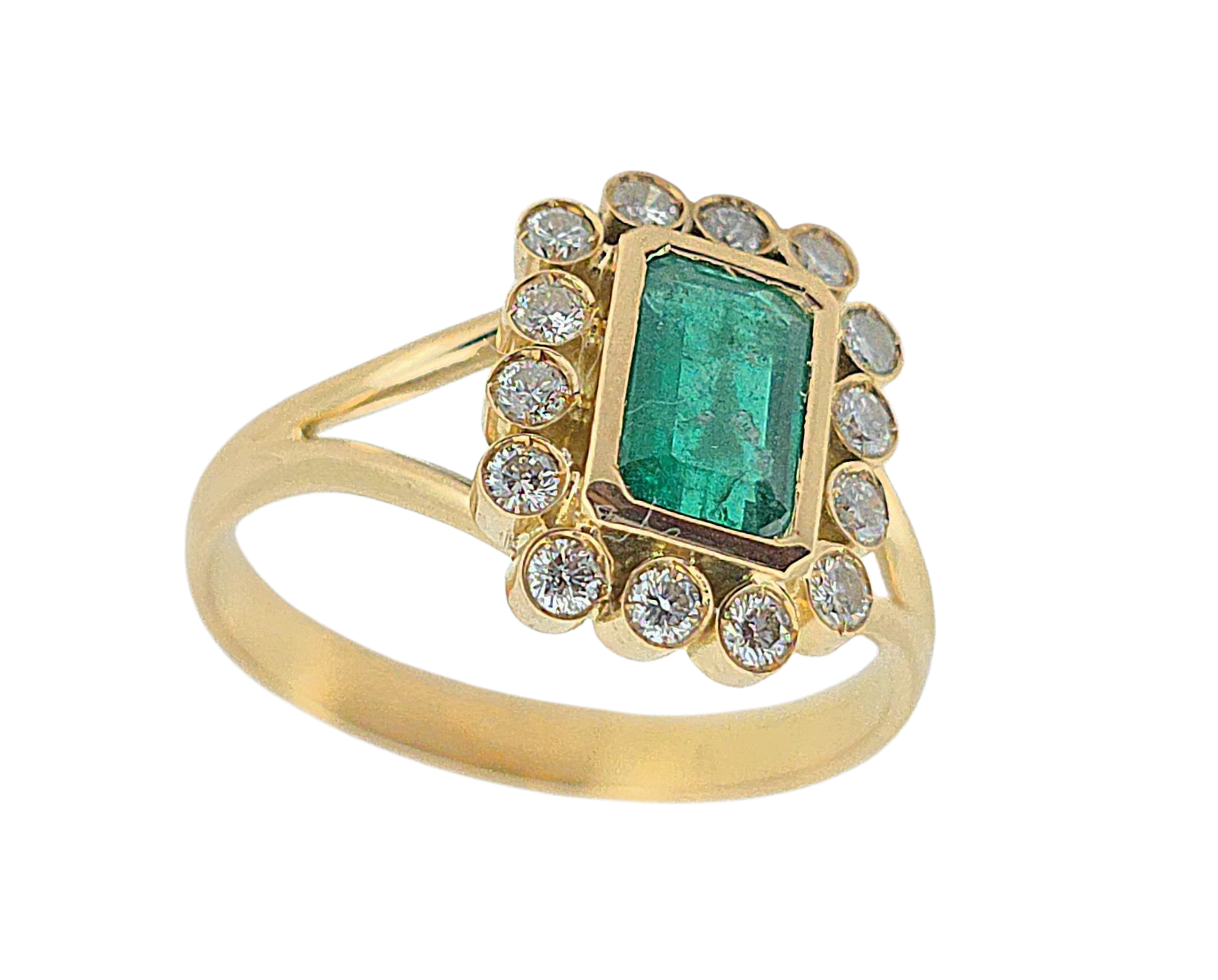 Anillo de oro amarillo 18K con Esmeralda rectangular y 14 diamantes - Imagen 6